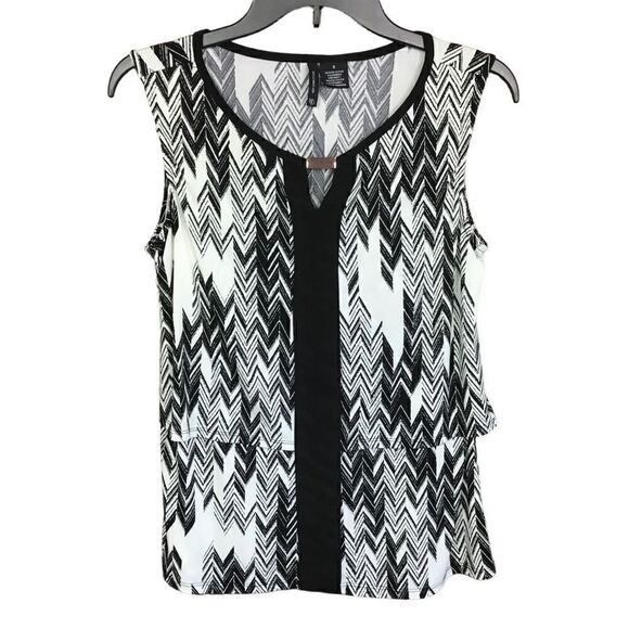 New Directions Layered Tank Style Blouse Sleeveless White Black Print Small - Picture 7 of 11